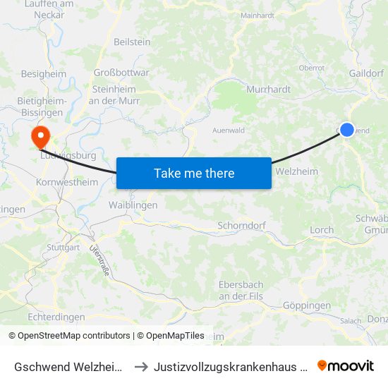 Gschwend Welzheimer Straße to Justizvollzugskrankenhaus Hohenasperg map