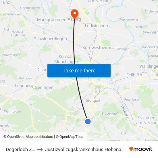 Degerloch Zob to Justizvollzugskrankenhaus Hohenasperg map