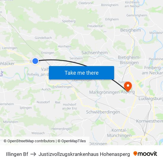 Illingen Bf to Justizvollzugskrankenhaus Hohenasperg map