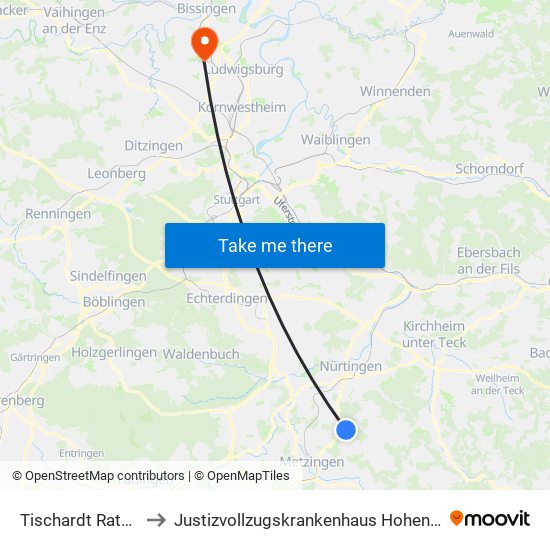 Tischardt Rathaus to Justizvollzugskrankenhaus Hohenasperg map