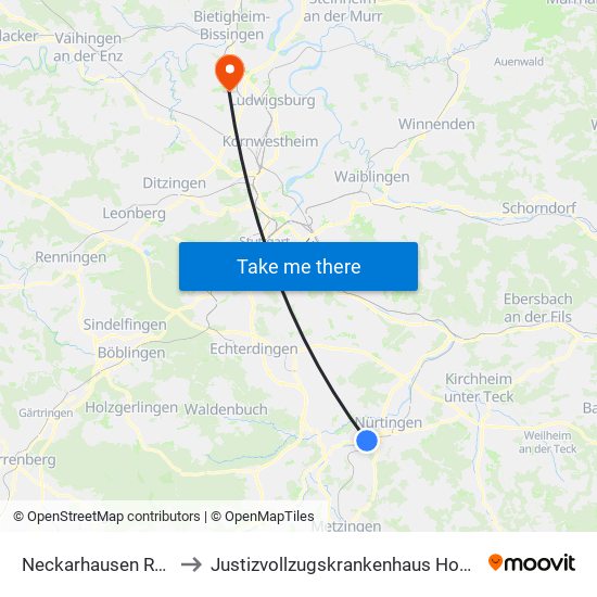 Neckarhausen Rathaus to Justizvollzugskrankenhaus Hohenasperg map