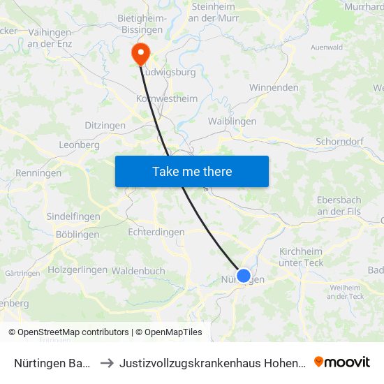 Nürtingen Bauhof to Justizvollzugskrankenhaus Hohenasperg map