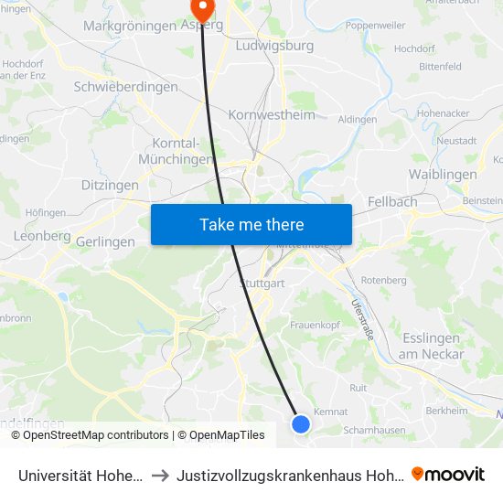 Universität Hohenheim to Justizvollzugskrankenhaus Hohenasperg map