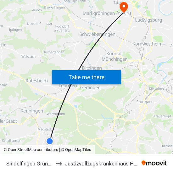 Sindelfingen Grünäckerstr. to Justizvollzugskrankenhaus Hohenasperg map