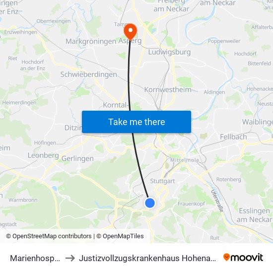 Marienhospital to Justizvollzugskrankenhaus Hohenasperg map