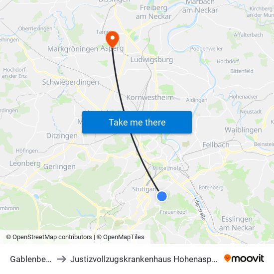 Gablenberg to Justizvollzugskrankenhaus Hohenasperg map