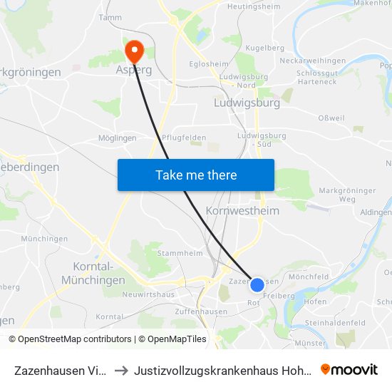 Zazenhausen Viadukt to Justizvollzugskrankenhaus Hohenasperg map