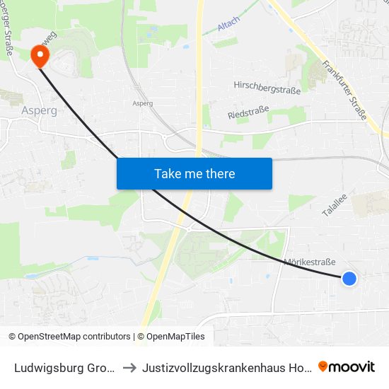 Ludwigsburg Groenerstr. to Justizvollzugskrankenhaus Hohenasperg map