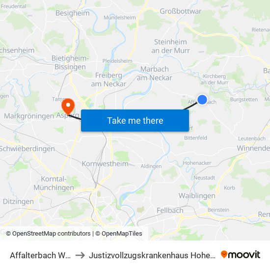 Affalterbach Waage to Justizvollzugskrankenhaus Hohenasperg map