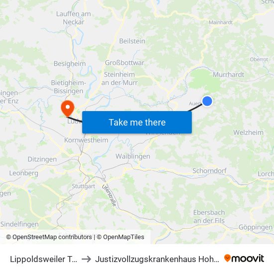 Lippoldsweiler Traube to Justizvollzugskrankenhaus Hohenasperg map