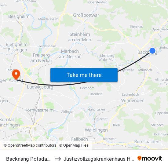 Backnang Potsdamer Ring to Justizvollzugskrankenhaus Hohenasperg map