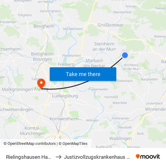 Rielingshausen Hauptstraße to Justizvollzugskrankenhaus Hohenasperg map