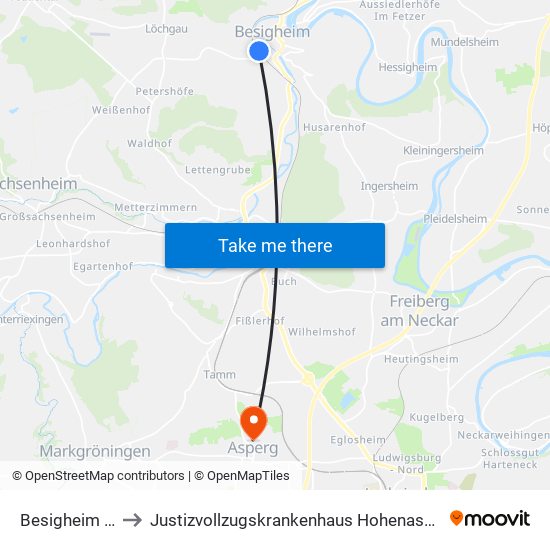 Besigheim Bf to Justizvollzugskrankenhaus Hohenasperg map