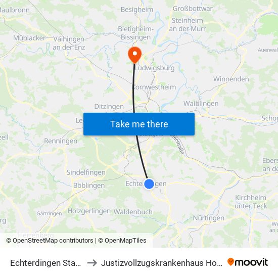 Echterdingen Stadionstr. to Justizvollzugskrankenhaus Hohenasperg map