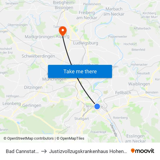 Bad Cannstatt Bf to Justizvollzugskrankenhaus Hohenasperg map
