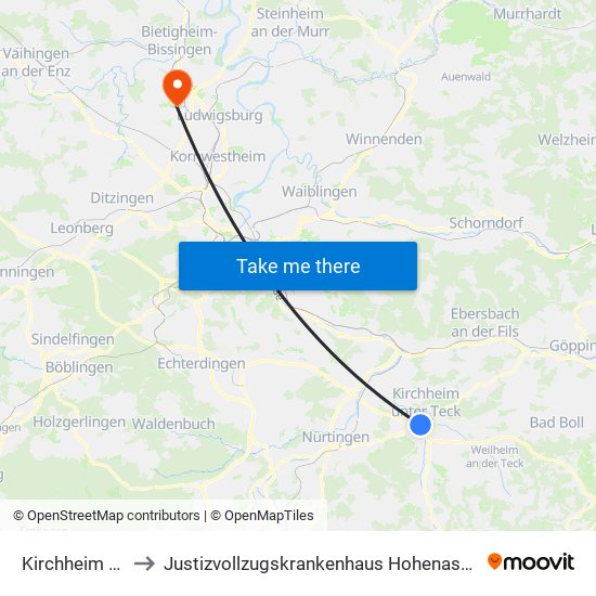 Kirchheim (T) to Justizvollzugskrankenhaus Hohenasperg map