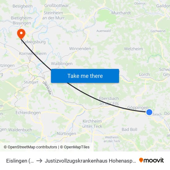 Eislingen (F) to Justizvollzugskrankenhaus Hohenasperg map