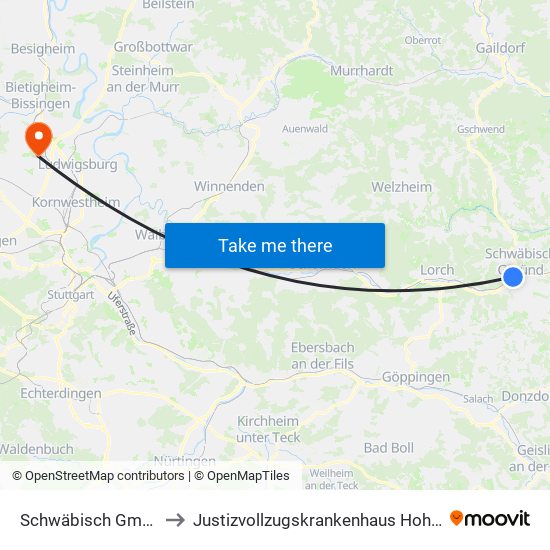 Schwäbisch Gmünd Bf to Justizvollzugskrankenhaus Hohenasperg map