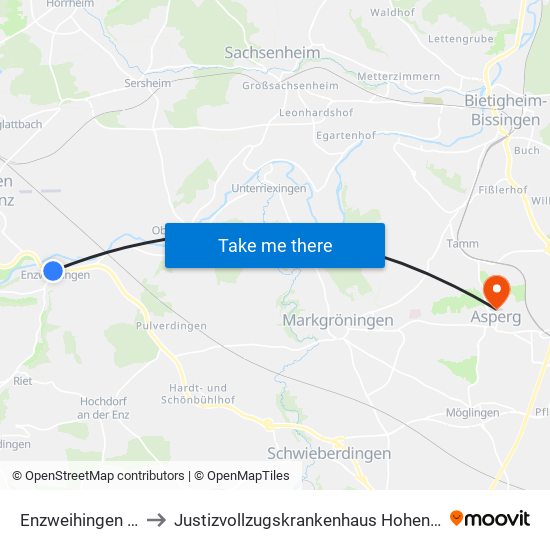 Enzweihingen B10 to Justizvollzugskrankenhaus Hohenasperg map
