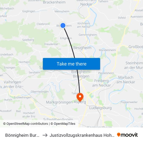 Bönnigheim Burgplatz to Justizvollzugskrankenhaus Hohenasperg map