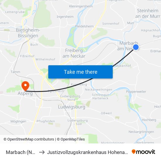 Marbach (N) Bf to Justizvollzugskrankenhaus Hohenasperg map
