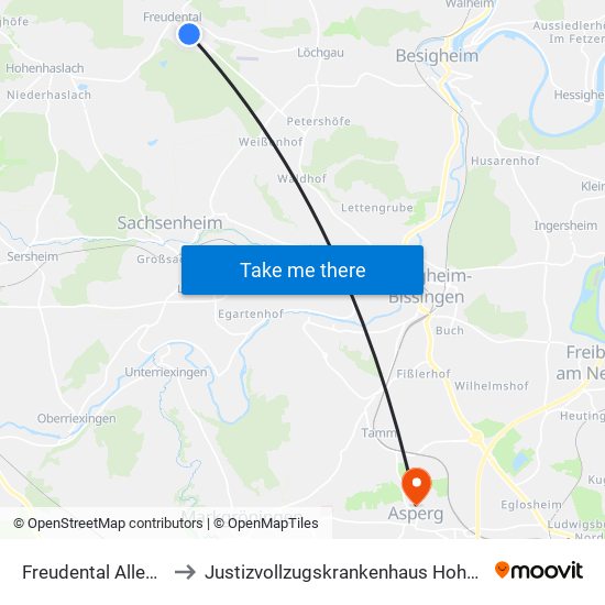 Freudental Alleenfeld to Justizvollzugskrankenhaus Hohenasperg map