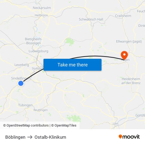 Böblingen to Ostalb-Klinikum map