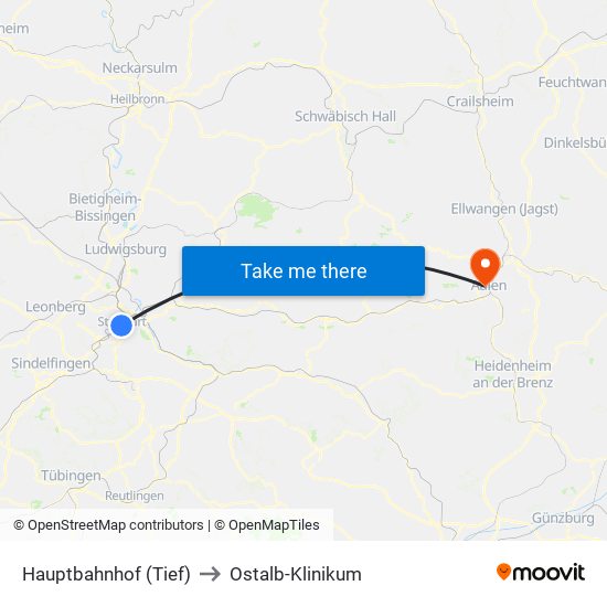 Hauptbahnhof (Tief) to Ostalb-Klinikum map