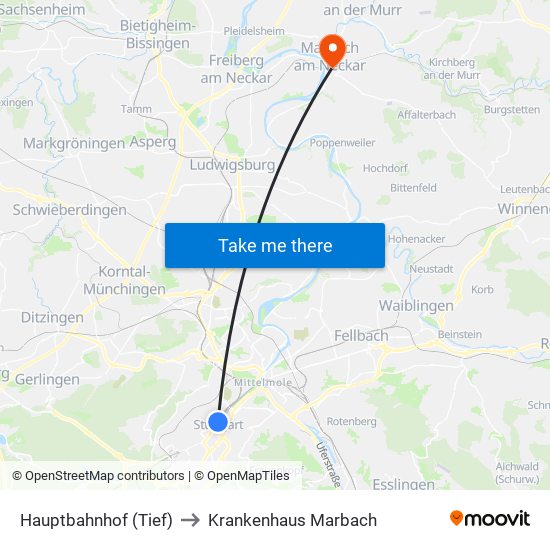 Hauptbahnhof (Tief) to Krankenhaus Marbach map