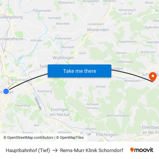 Hauptbahnhof (Tief) to Rems-Murr Klinik Schorndorf map