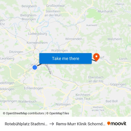 Rotebühlplatz Stadtmitte to Rems-Murr Klinik Schorndorf map