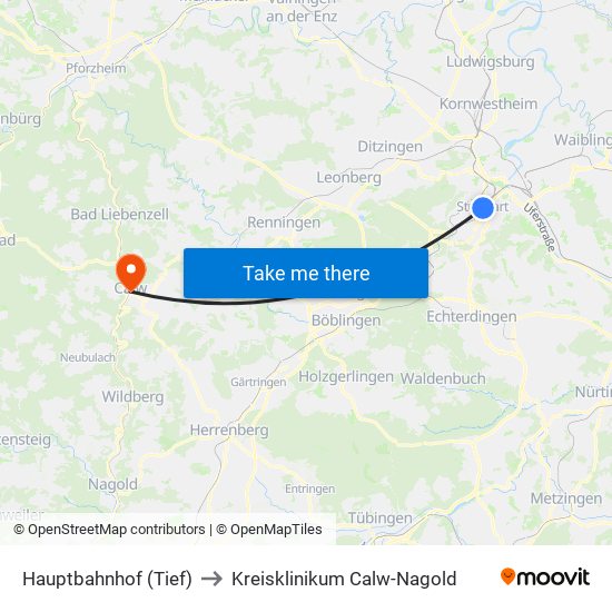 Hauptbahnhof (Tief) to Kreisklinikum Calw-Nagold map