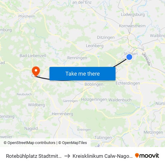 Rotebühlplatz Stadtmitte to Kreisklinikum Calw-Nagold map