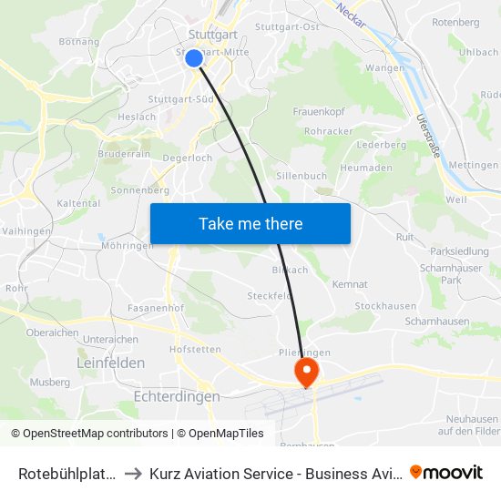 Rotebühlplatz Stadtmitte to Kurz Aviation Service - Business Aviation Centre Stuttgart GmbH map