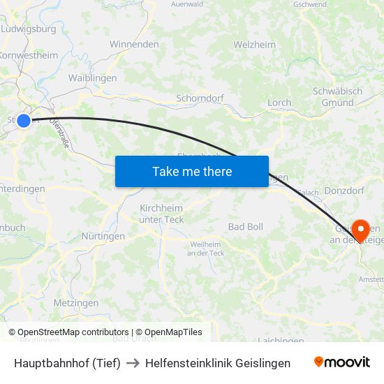 Hauptbahnhof (Tief) to Helfensteinklinik Geislingen map