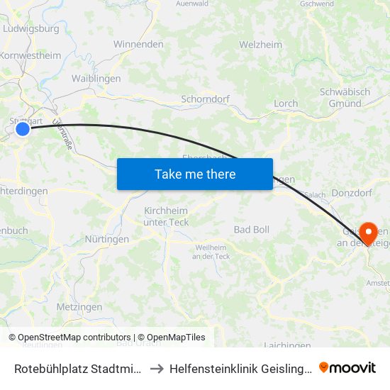 Rotebühlplatz Stadtmitte to Helfensteinklinik Geislingen map