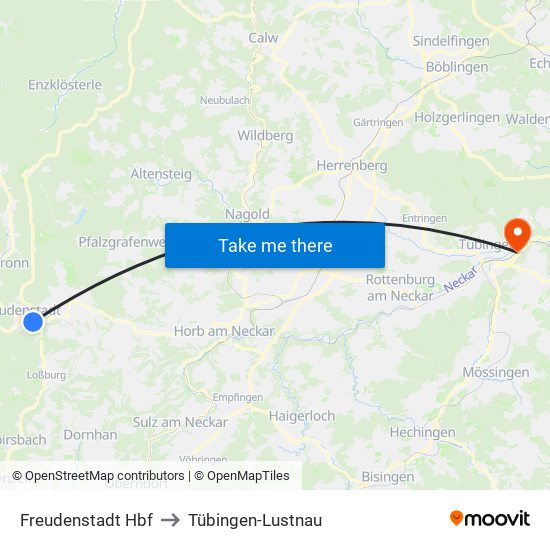 Freudenstadt Hbf to Tübingen-Lustnau map