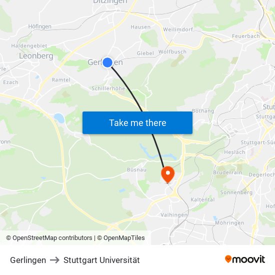 Gerlingen to Stuttgart Universität map