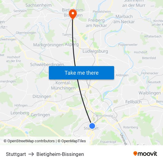 Stuttgart to Bietigheim-Bissingen map
