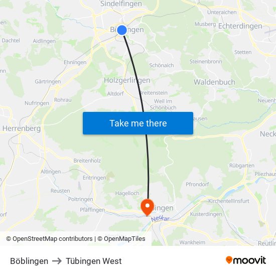 Böblingen to Tübingen West map