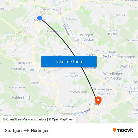 Stuttgart to Nürtingen map