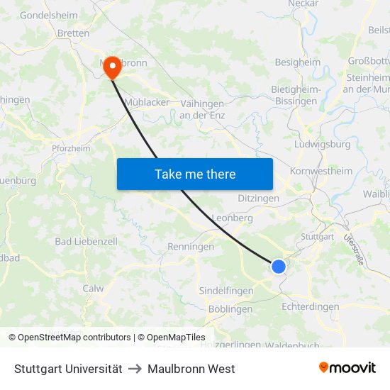Stuttgart Universität to Maulbronn West map