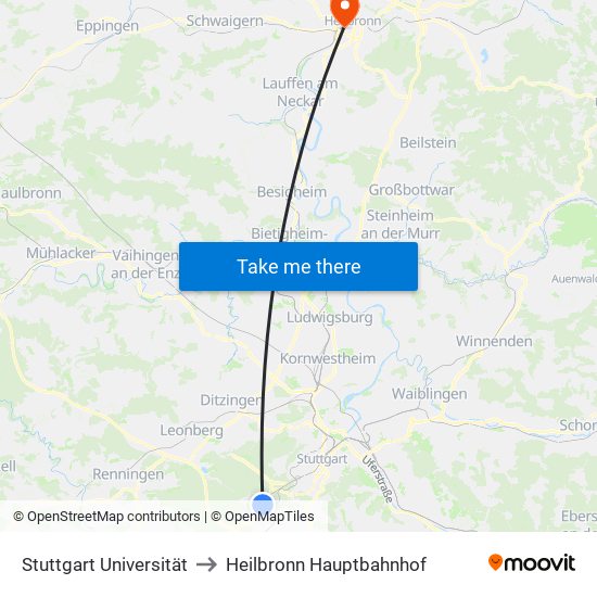 Stuttgart Universität to Heilbronn Hauptbahnhof map