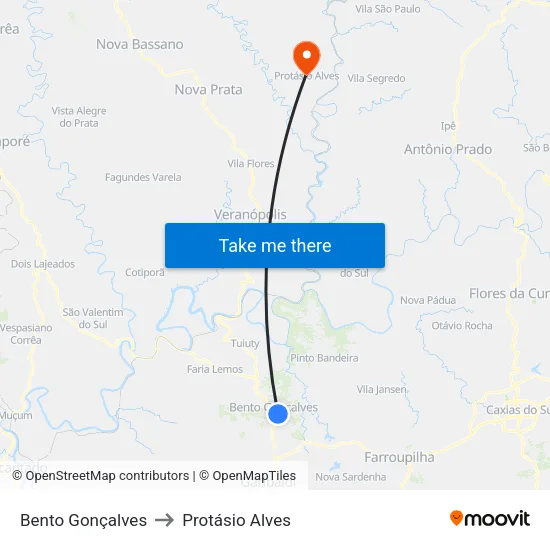 Bento Gonçalves to Protásio Alves map