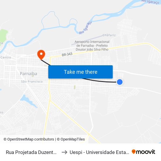 Rua Projetada Duzentos E Sete, 13 to Uespi - Universidade Estadual Do Piaui map