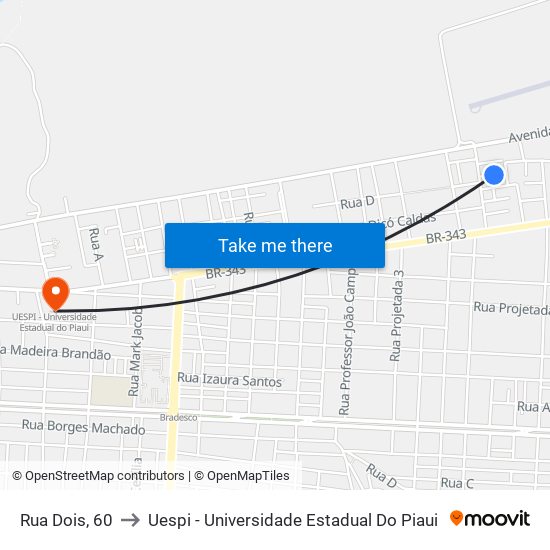 Rua Dois, 60 to Uespi - Universidade Estadual Do Piaui map