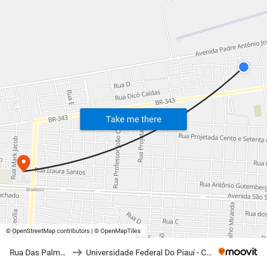 Rua Das Palmeiras, 104-138 to Universidade Federal Do Piauí - Campus Ministro Reis Velloso map