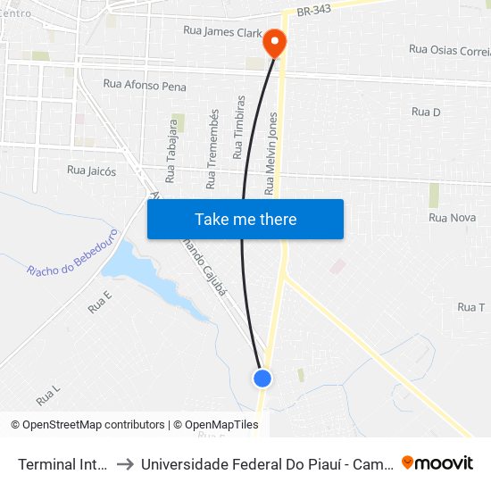 Terminal Interestadual to Universidade Federal Do Piauí - Campus Ministro Reis Velloso map