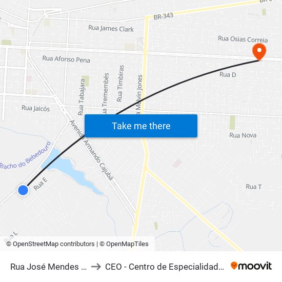 Rua José Mendes Mourão, 80 to CEO - Centro de Especialidades Odontológicas map