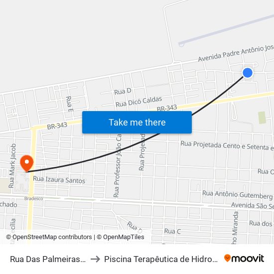 Rua Das Palmeiras, 104-138 to Piscina Terapêutica de Hidroterapia / UFPI map